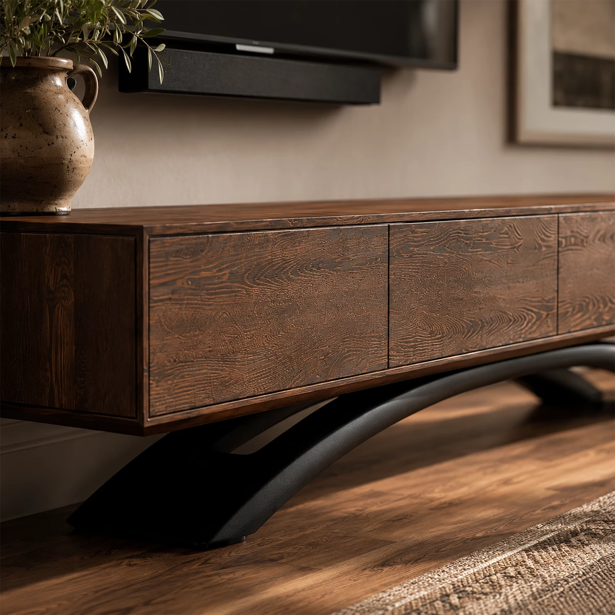 Natural Solid Wood TV Stand with Four Cabinets and Sculptural Crossed Base