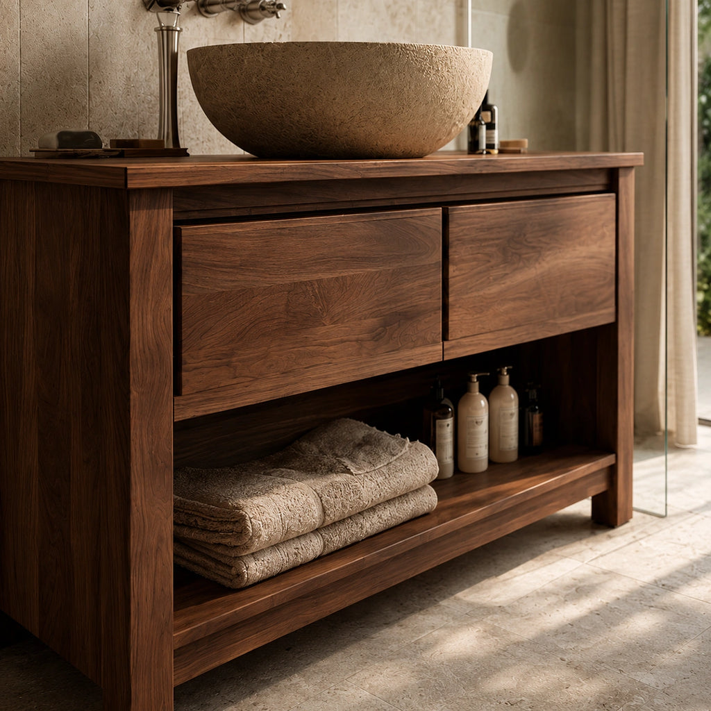 Natural Solid Wood Bathroom Vanity with 2 Drawers and Open Shelf