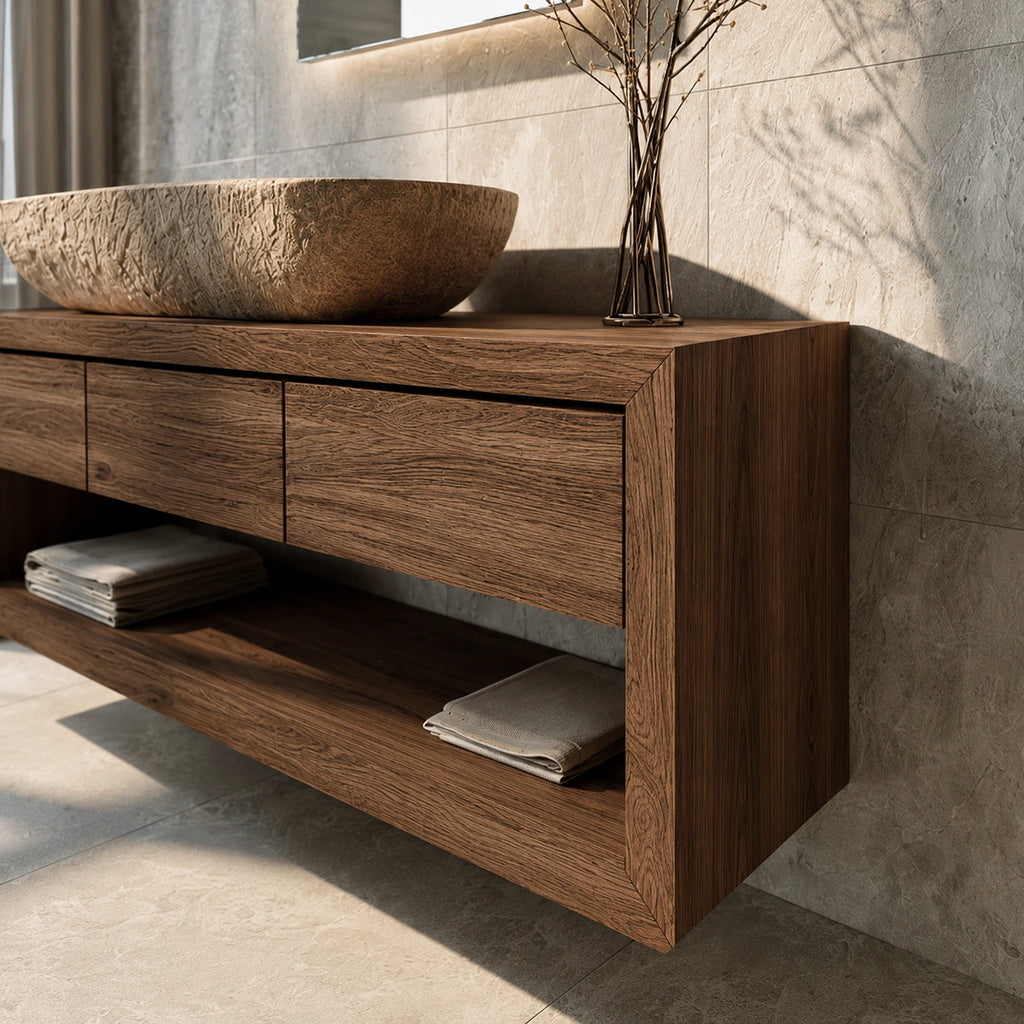 Natural Solid Wood Floating Bathroom Vanity with 3 Drawers and Open Shelf