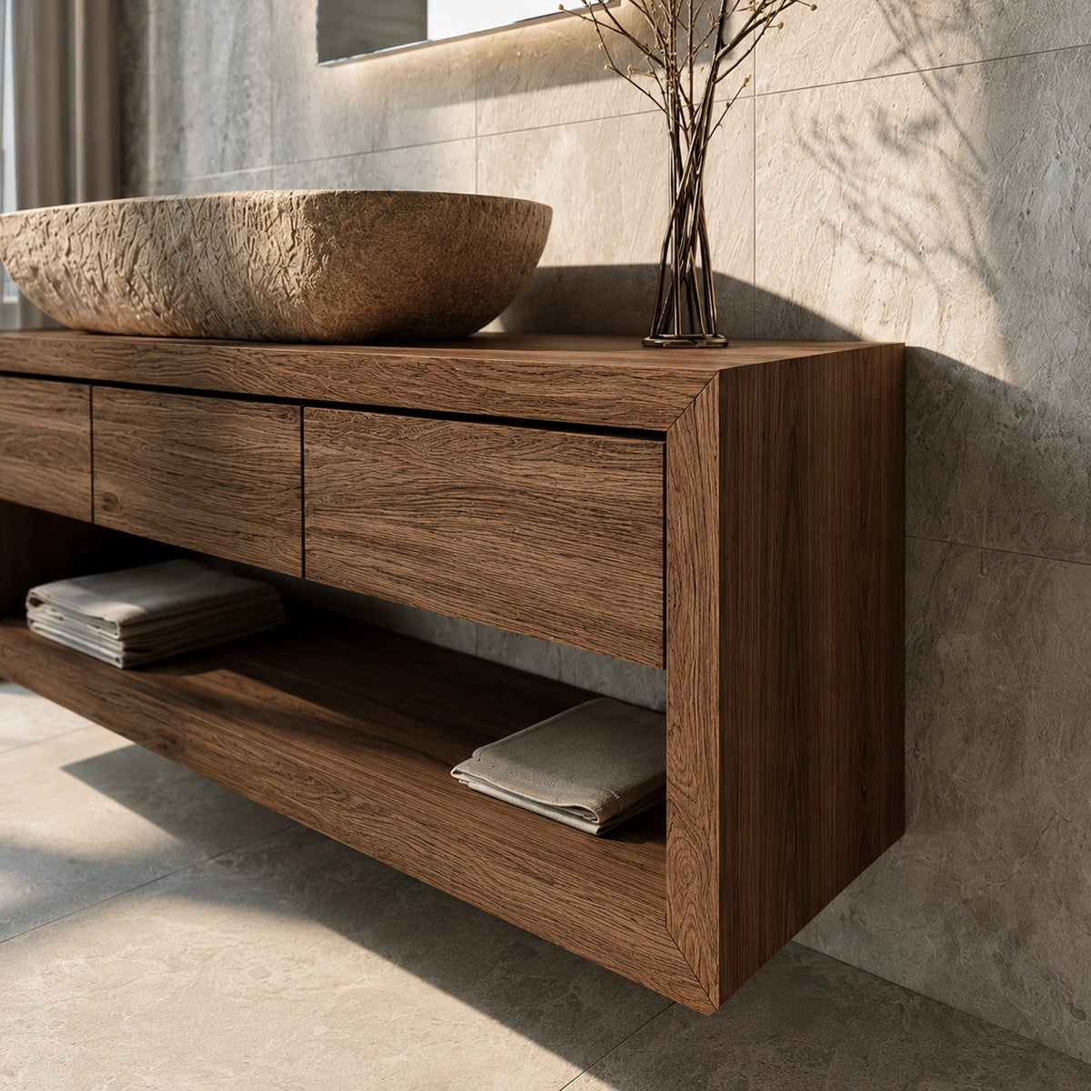 Natural Solid Wood Floating Bathroom Vanity with 3 Drawers and Open Shelf