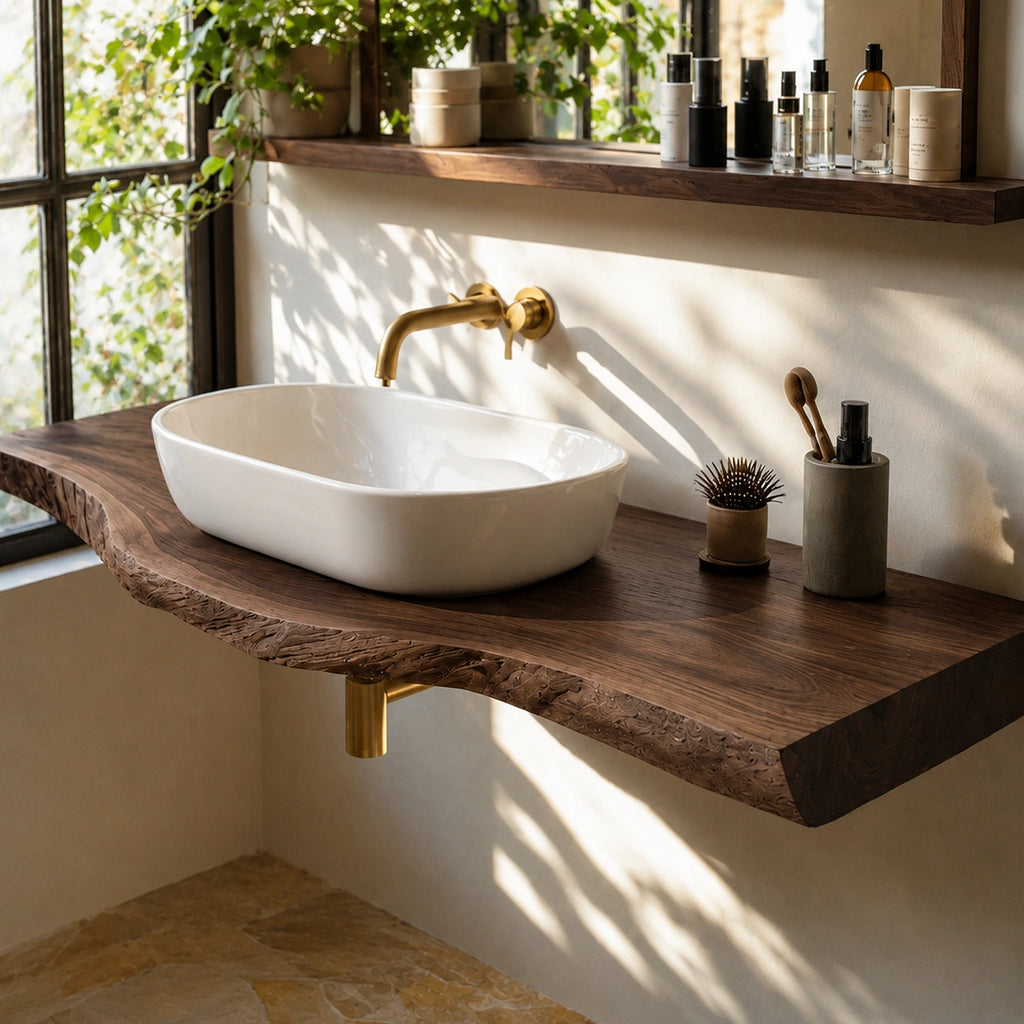Natural Solid Wood Floating Bathroom Vanity with Sculptural Live Edge Top