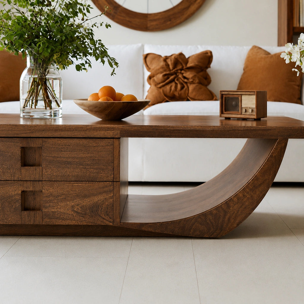 Natural Solid Wood Coffee Table – Sculptural Modern Storage Style