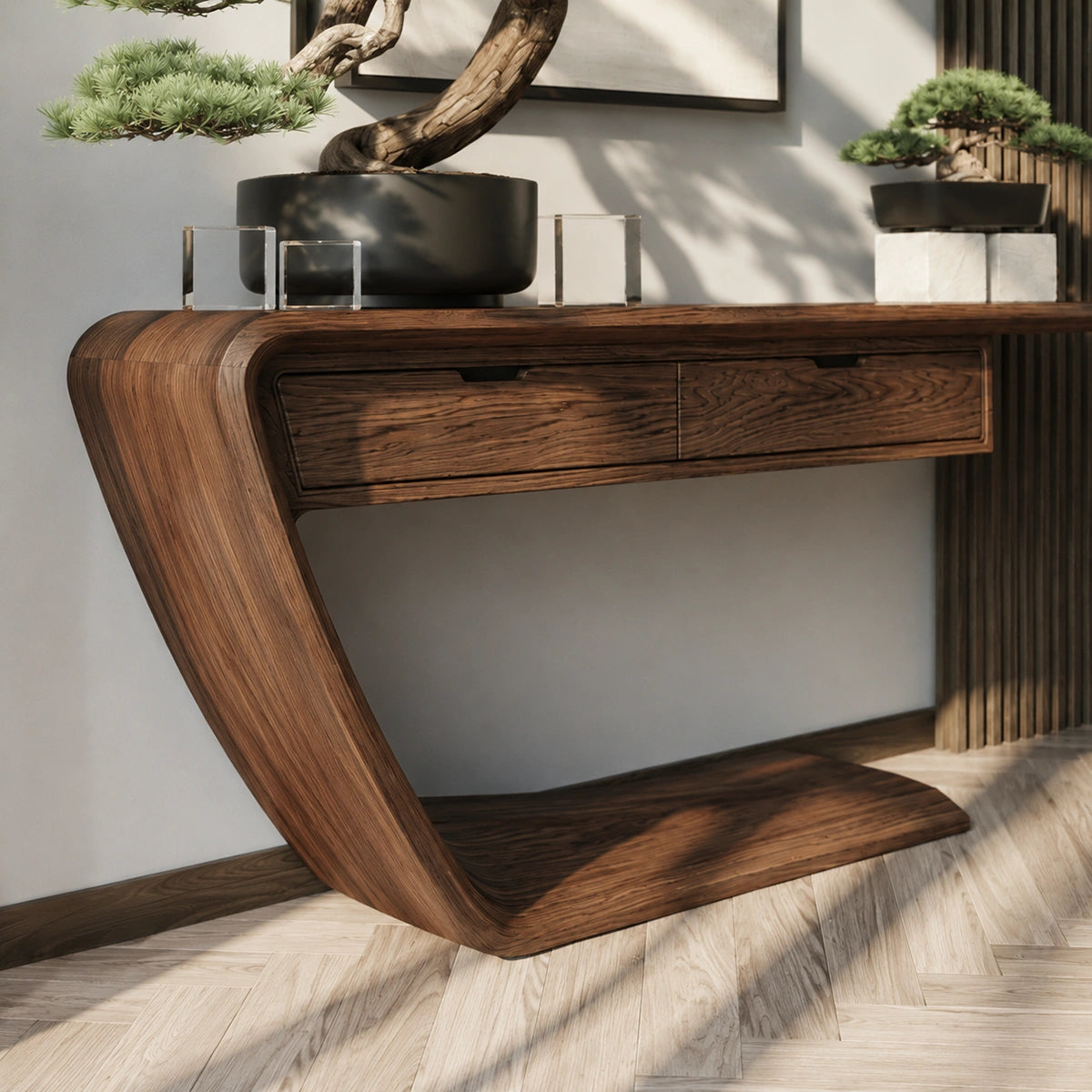 Floating Curve Natural Solid Wood Console Table with Dual Drawers