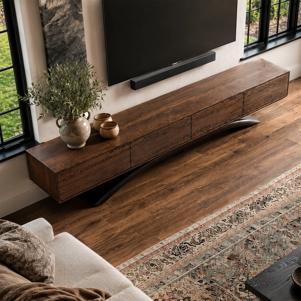 Natural Solid Wood TV Stand with Four Cabinets and Sculptural Crossed Base