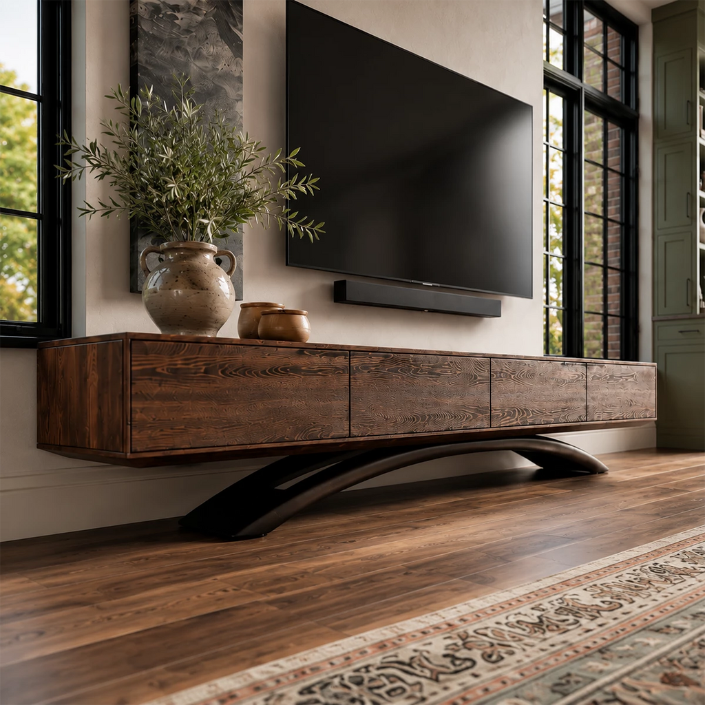 Natural Solid Wood TV Stand with Four Cabinets and Sculptural Crossed Base