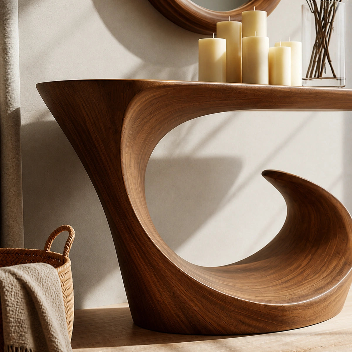 Wave Form Natural Solid Wood Console Table for Modern Entryways