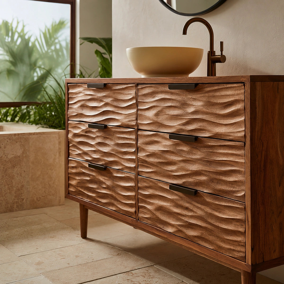 Solid Wood Bathroom Vanity Cabinet with Textured Drawer Fronts – Modern Rustic Floating Sink Console, Walnut Finish Storage Cabinet