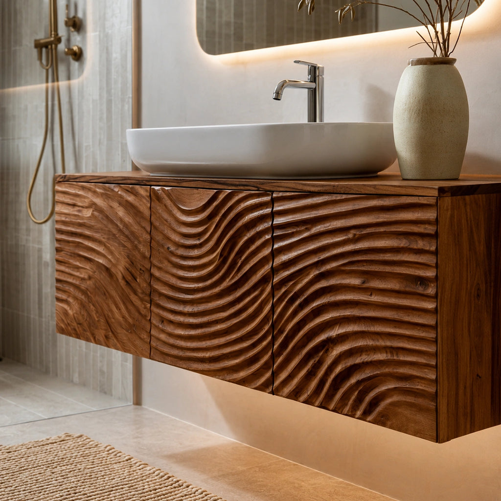 Natural Solid Wood Bathroom Cabinet – Sculpted Wave Modern Style