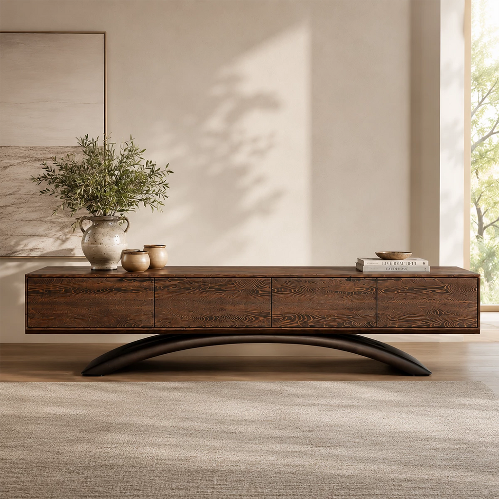 Natural Solid Wood TV Stand with Four Cabinets and Sculptural Crossed Base
