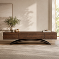 Natural Solid Wood TV Stand with Four Cabinets and Sculptural Crossed Base