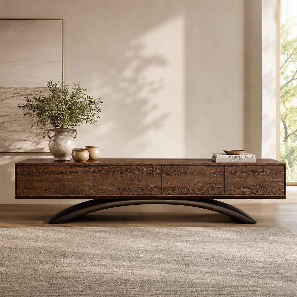 Natural Solid Wood TV Stand with Four Cabinets and Sculptural Crossed Base