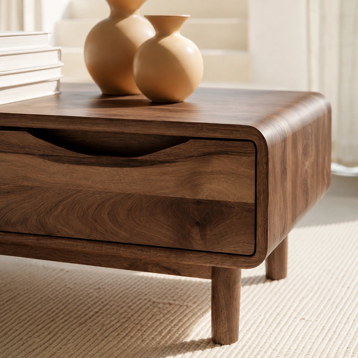 Rounded Natural Solid Wood Coffee Table with Two Storage Drawers