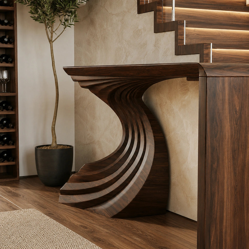 Sculptural Wave Base Natural Solid Wood Console Table for Entryways