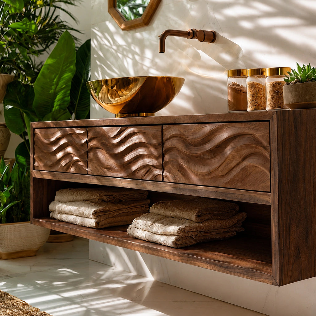 Natural Solid Wood Floating Bathroom Vanity with 3 Drawers and Open Shelf