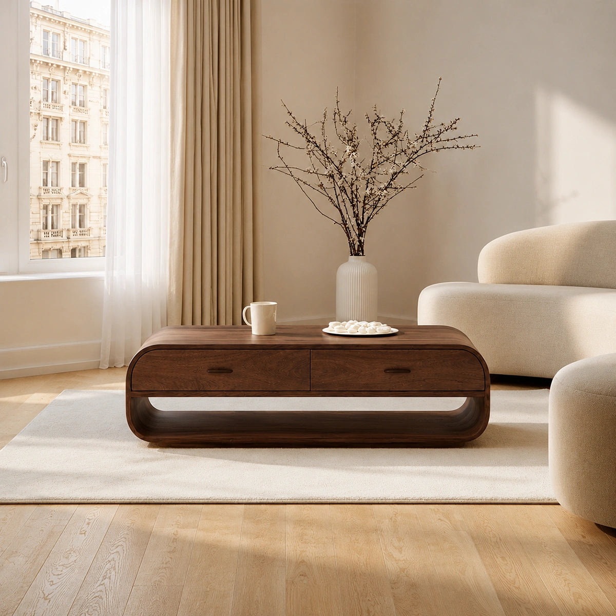 Natural Solid Wood Coffee Table with 2 Drawers – Rounded Modern Style