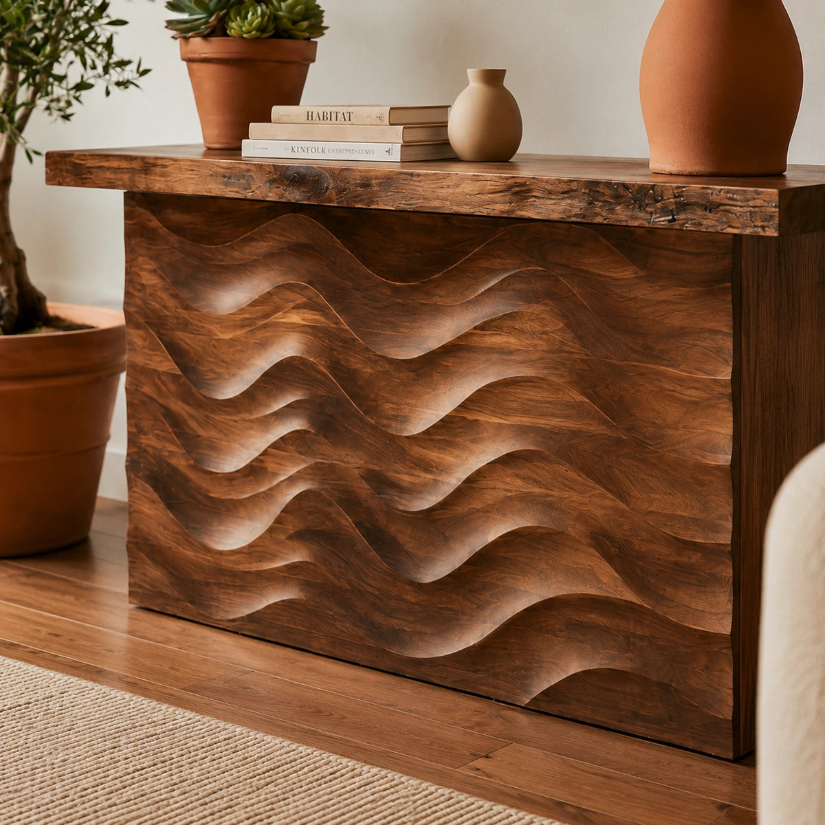 Wave Front Natural Solid Wood Sideboard Cabinet with Concealed Storage