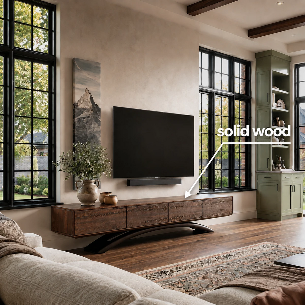 Natural Solid Wood TV Stand with Four Cabinets and Sculptural Crossed Base