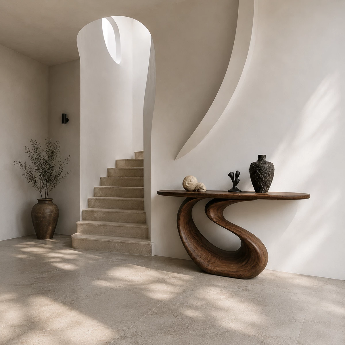 Organic Loop Sculptural Console Table in Natural Solid Wood