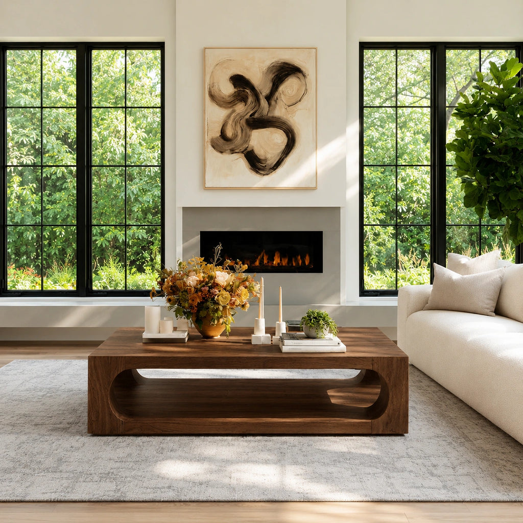 Natural Solid Wood Coffee Table with Open Shelf – Modern Style