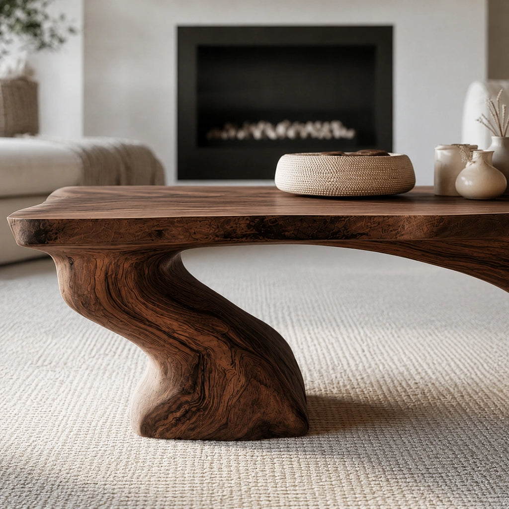 Natural Solid Wood Coffee Table with Sculptural Curved Base