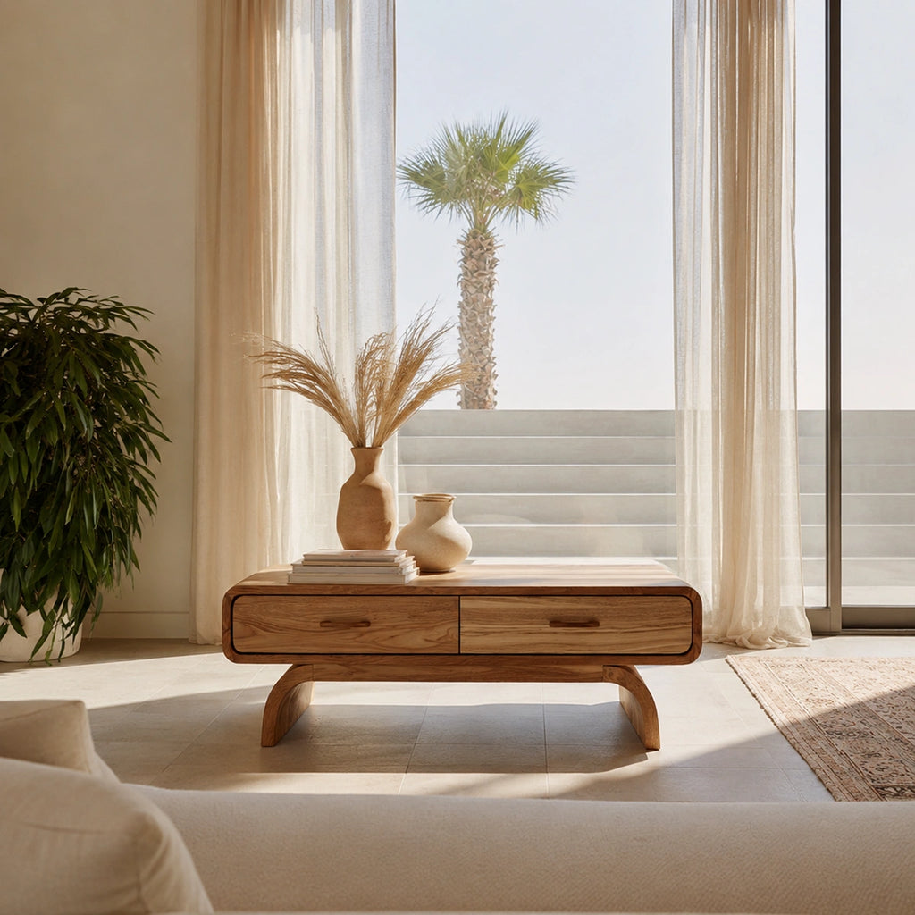 Natural Solid Wood Coffee Table with 2 Drawers – Rounded Japandi Style