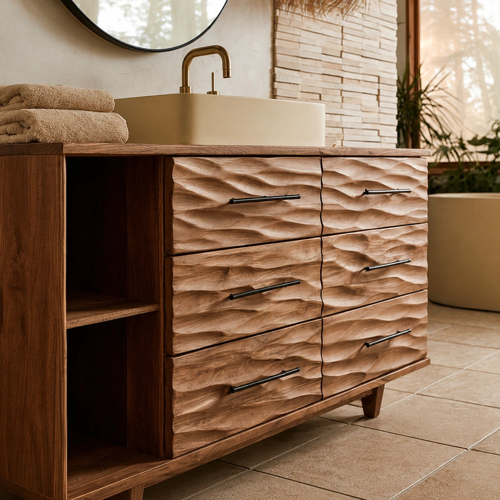 Natural Solid Wood Bathroom Vanity with 6 Drawers and Side Open Shelves