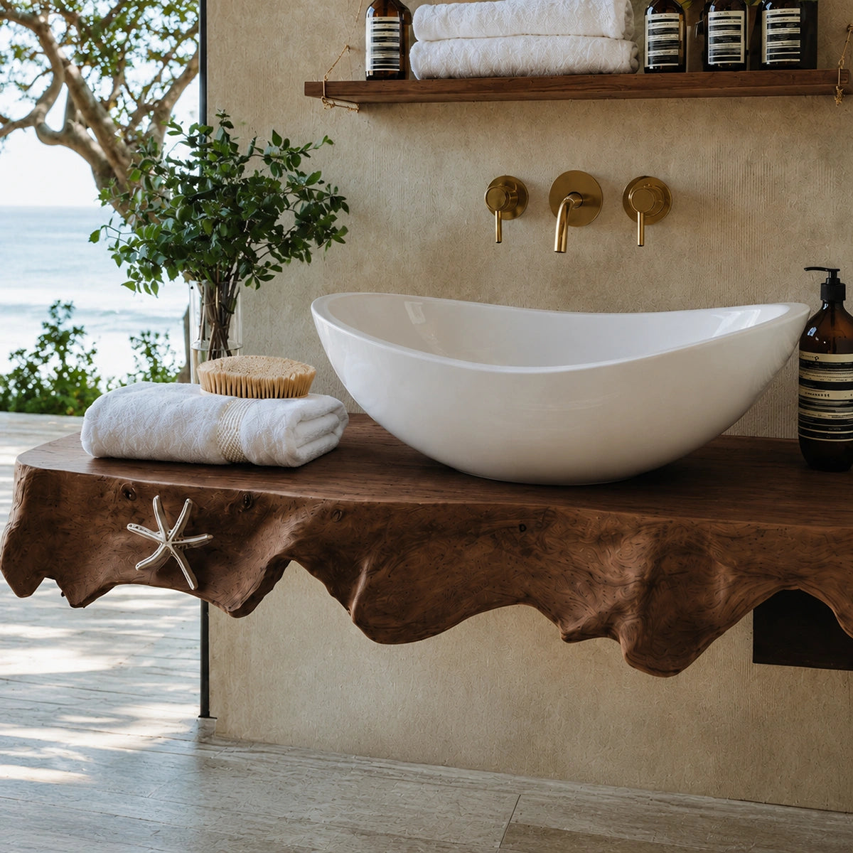 Natural Solid Wood Floating Bathroom Vanity with Sculptural Root Edge Slab