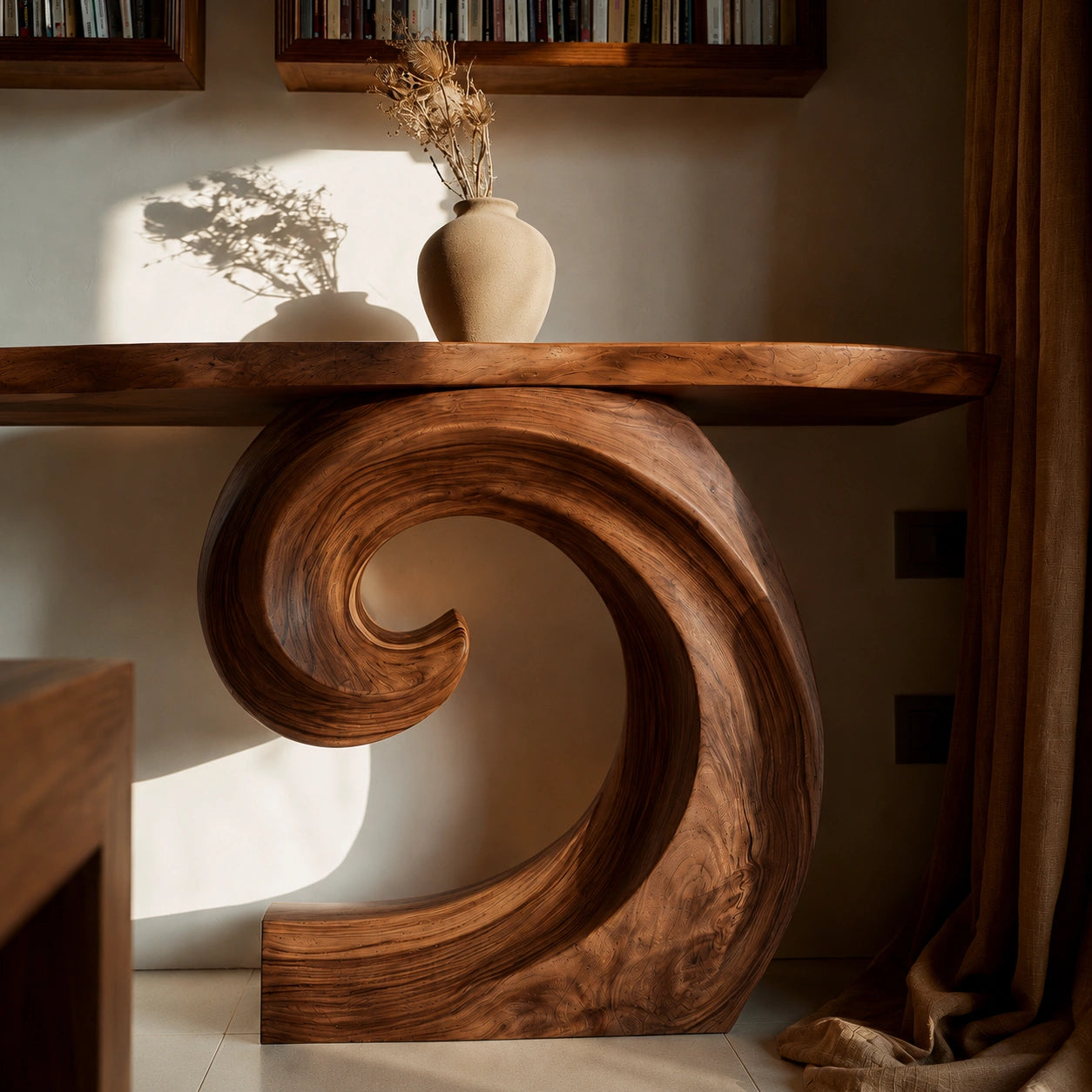 Spiral Base Natural Solid Wood Console Table for Modern Interiors