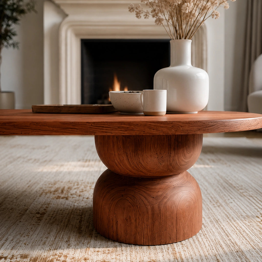 Natural Solid Wood Oval Coffee Table with Sculptural Hourglass Pedestal Legs