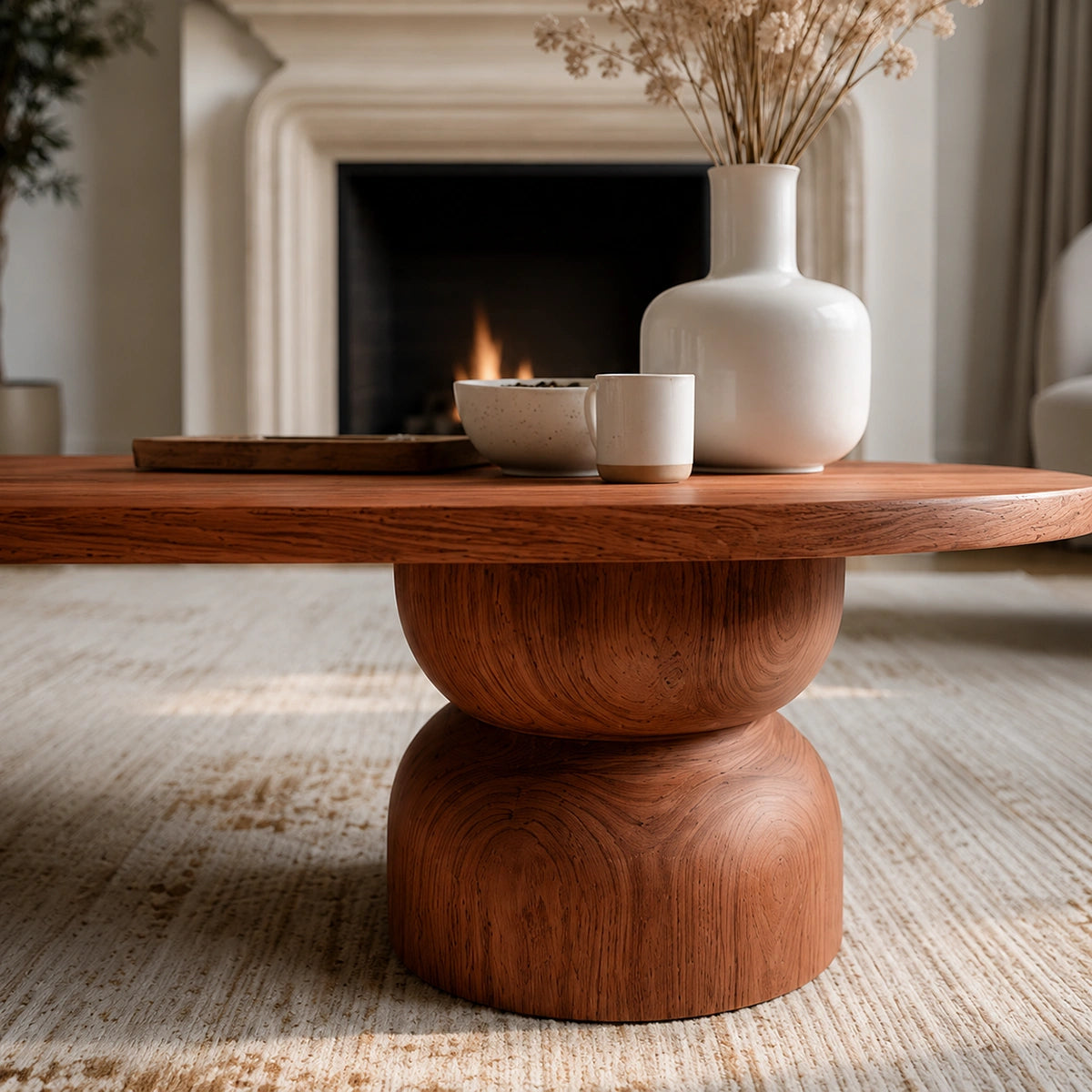 Natural Solid Wood Oval Coffee Table with Sculptural Hourglass Pedestal Legs