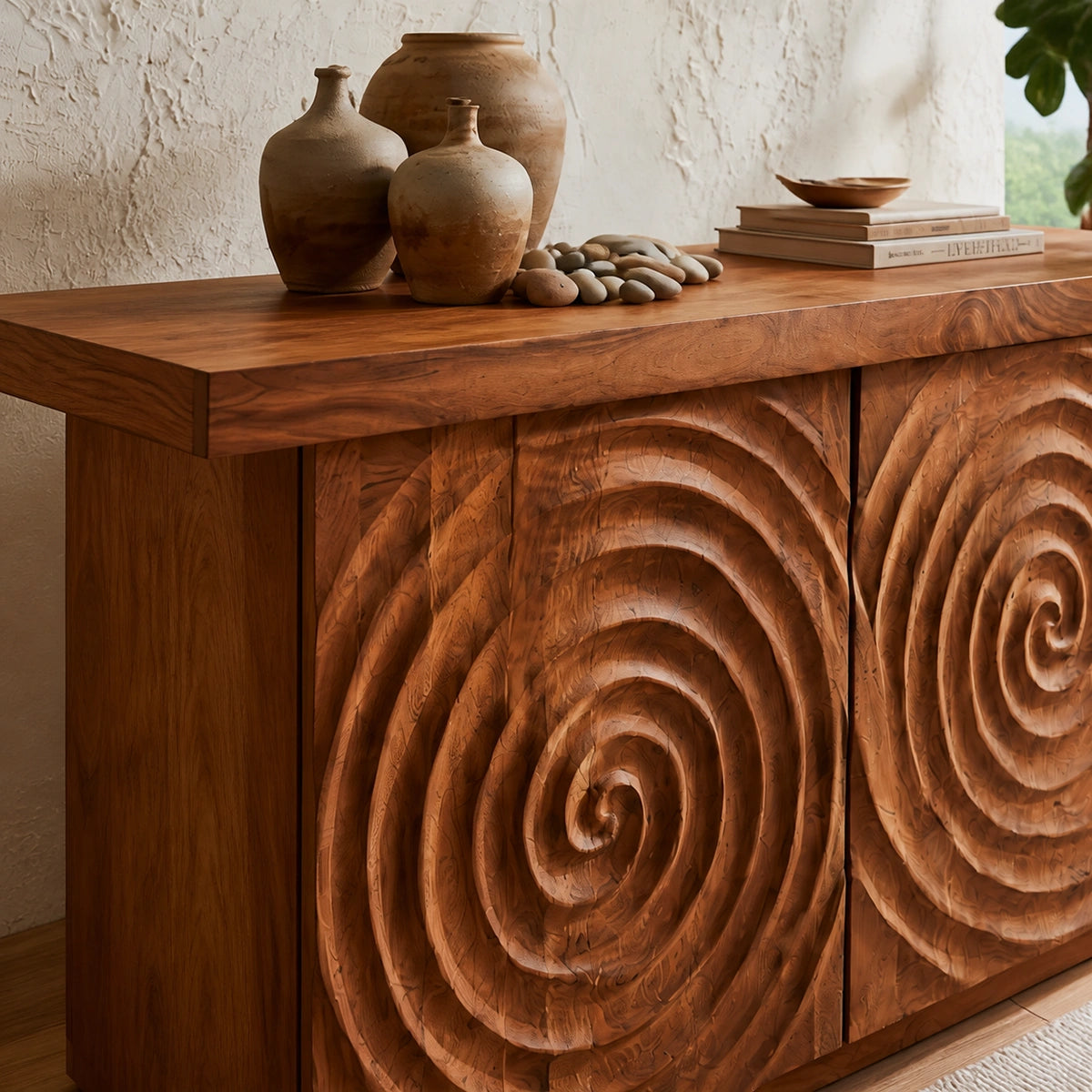 Spiral Carved Natural Solid Wood Sideboard Cabinet with Concealed Storage