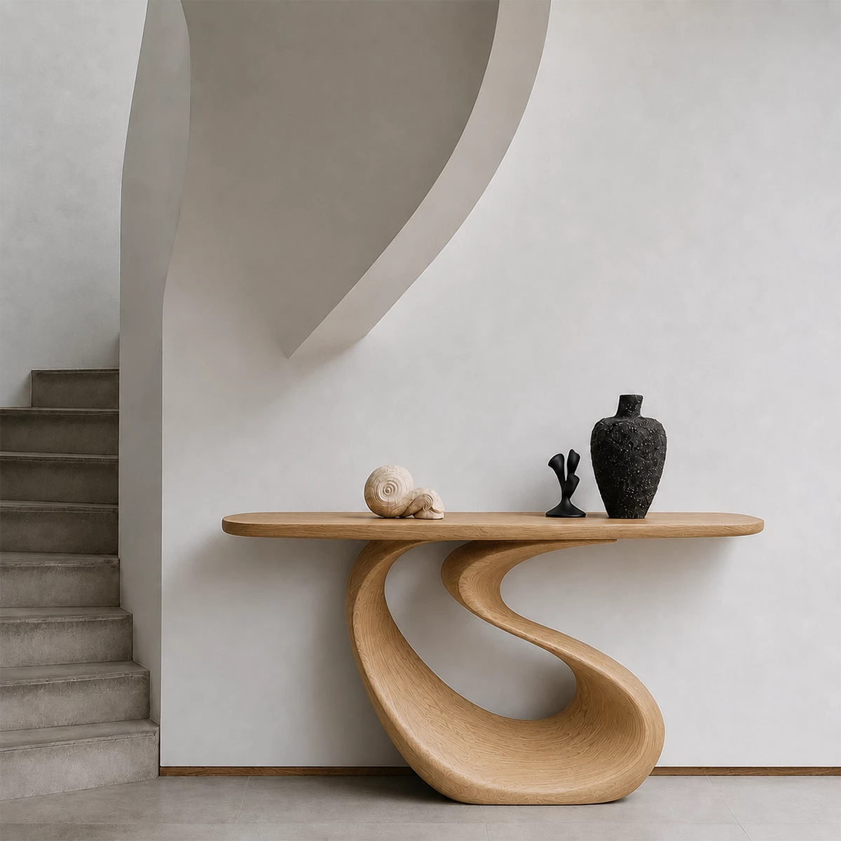 Organic Loop Sculptural Console Table in Natural Solid Wood