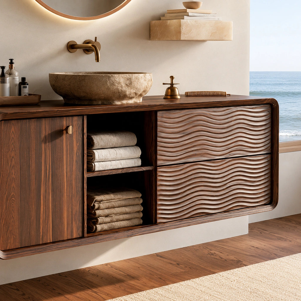 Natural Solid Wood Double Bathroom Vanity with 2 Drawers and Open Shelves