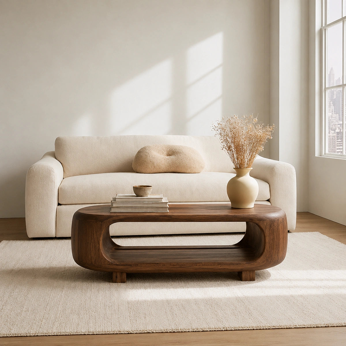 Natural Solid Wood Coffee Table – Rounded Japandi Modern Style