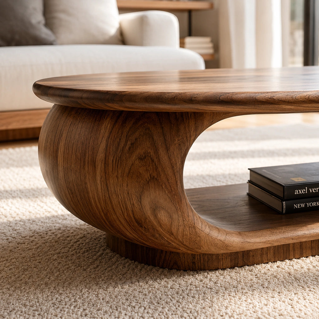 Natural Solid Wood Oval Coffee Table with Sculptural Loop Base and Lower Shelf