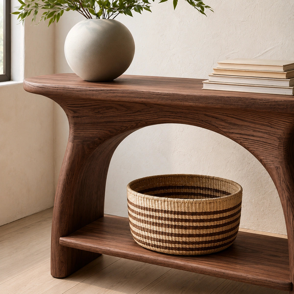 Natural Solid Wood Console Table with Sculptural Arch Base and Open Shelf