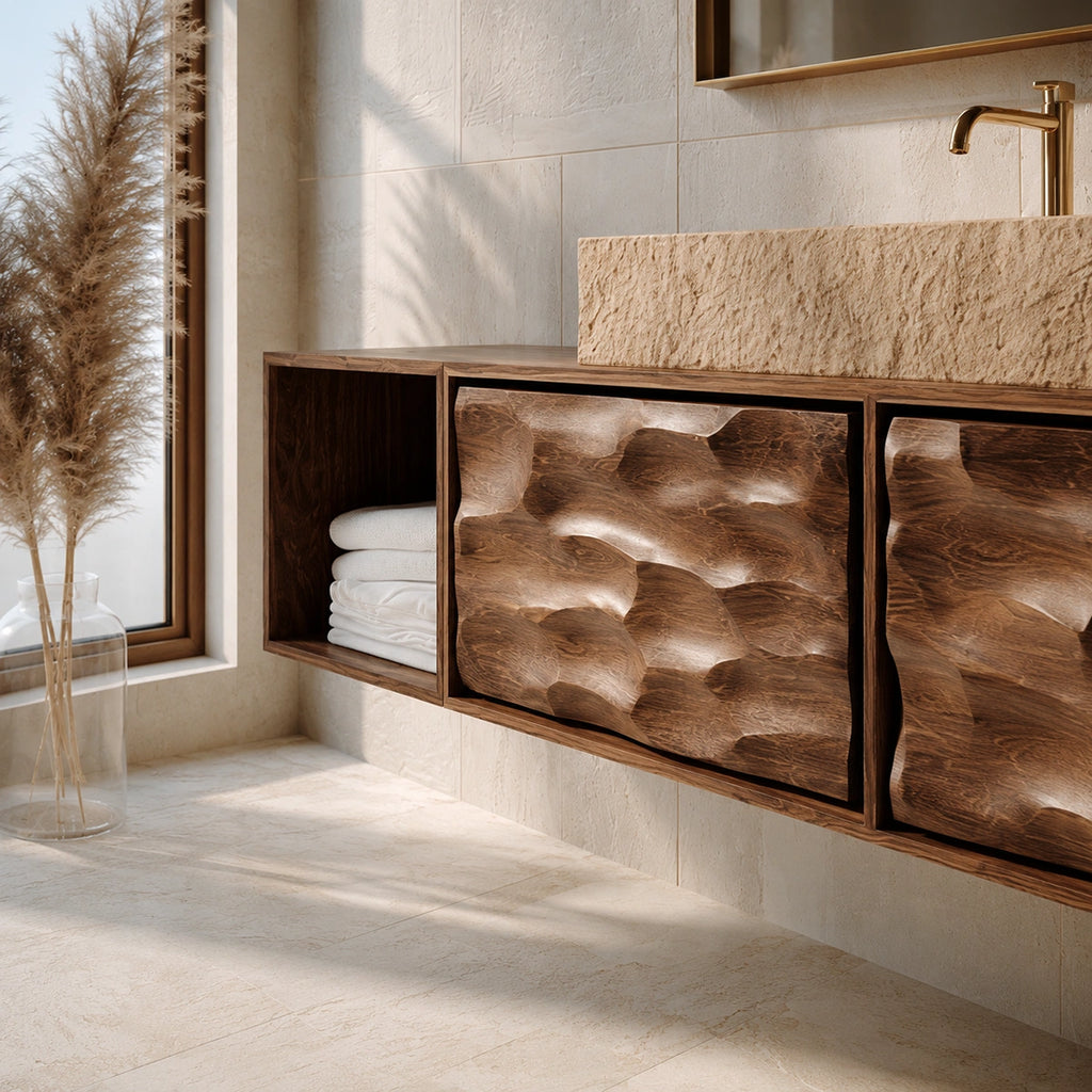 Natural Solid Wood Bathroom Cabinet with Side Shelf and 2 Doors