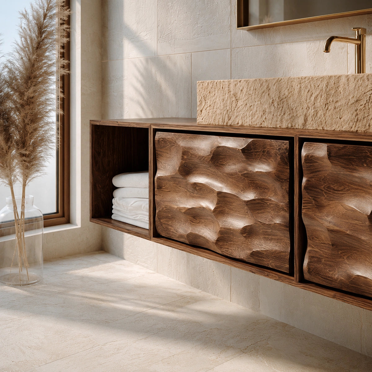 Natural Solid Wood Bathroom Cabinet with Side Shelf and 2 Doors