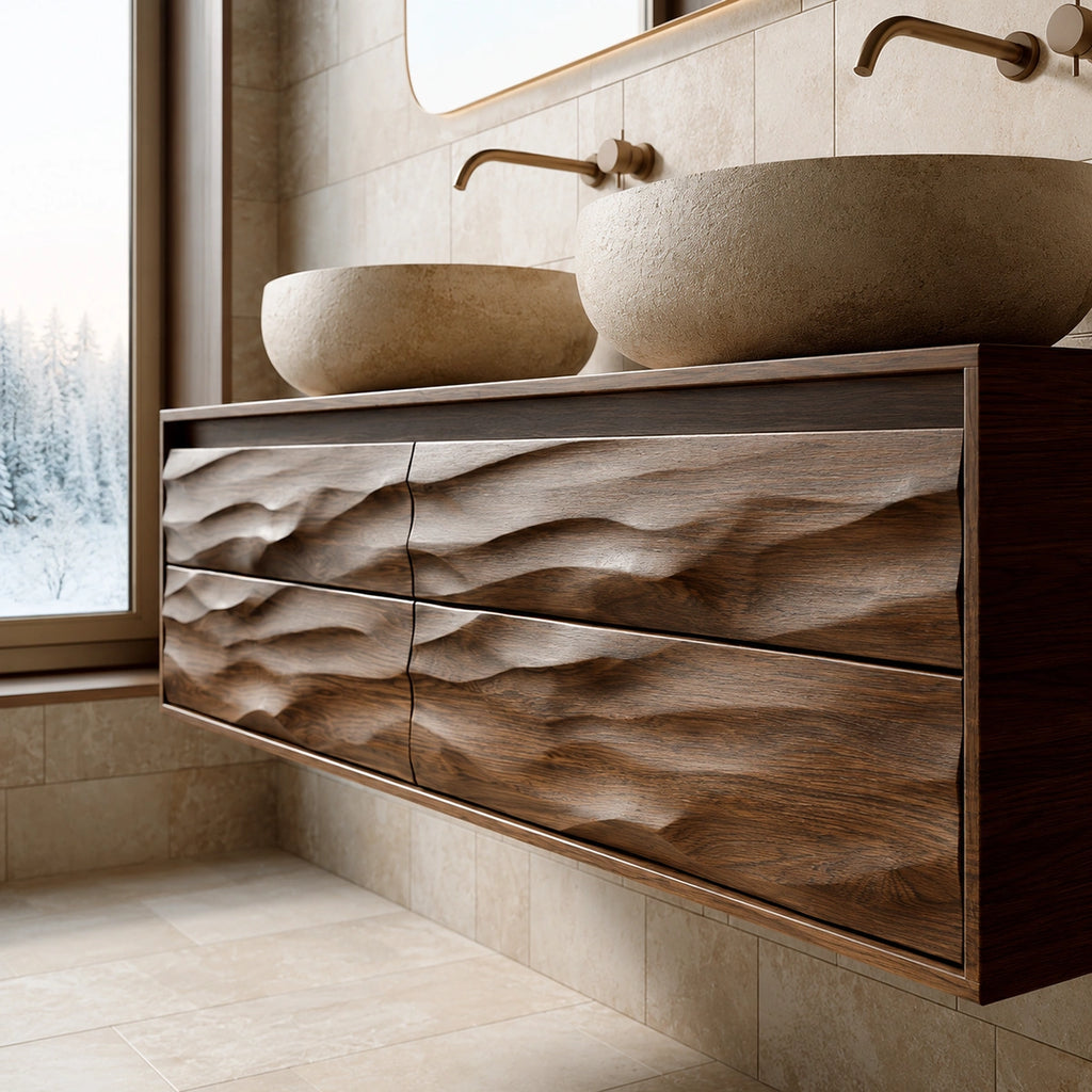 Natural Solid Wood Floating Double Bathroom Vanity with 4 Sculpted Drawers