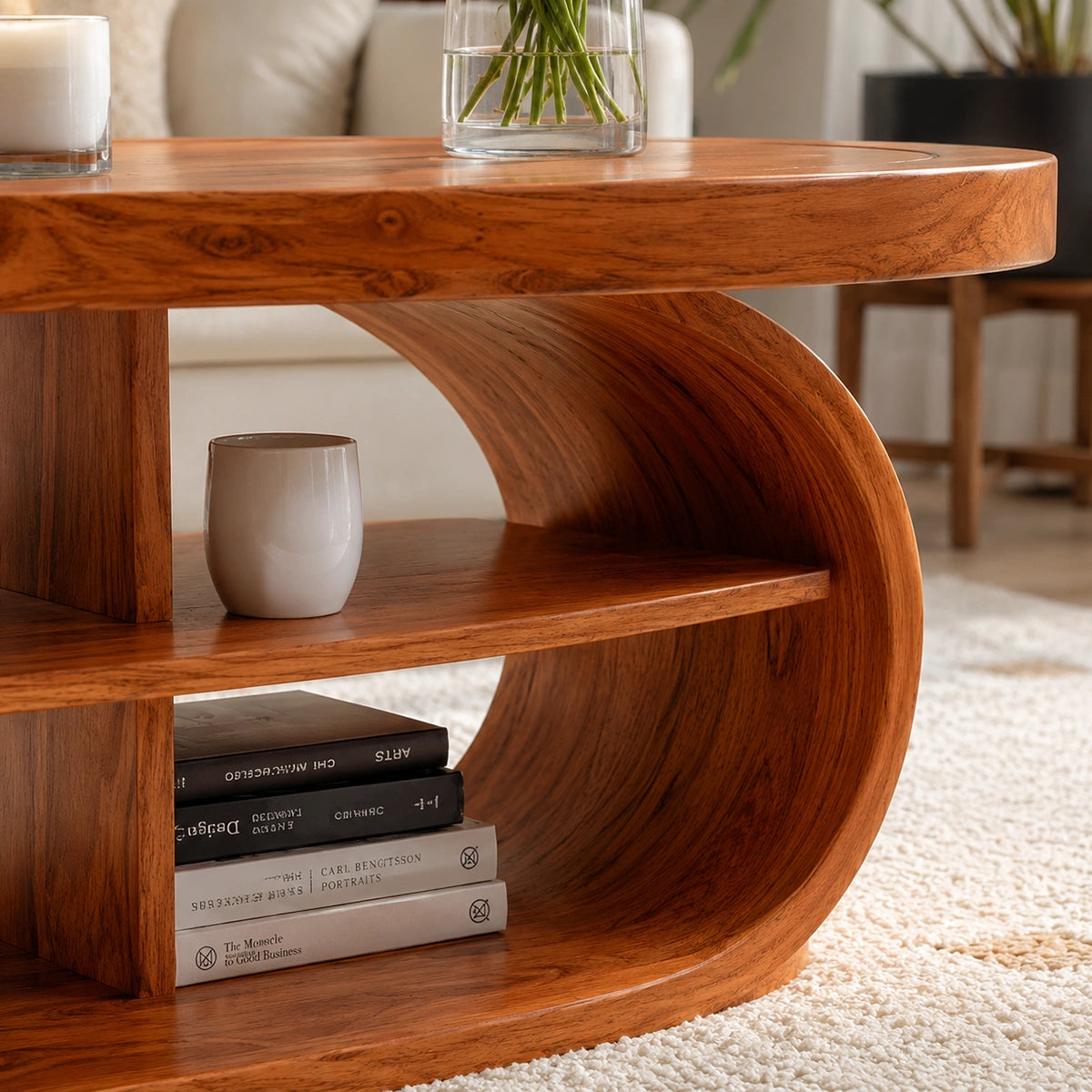 Natural Solid Wood Oval Coffee Table with Open Shelves and Curved Loop Base