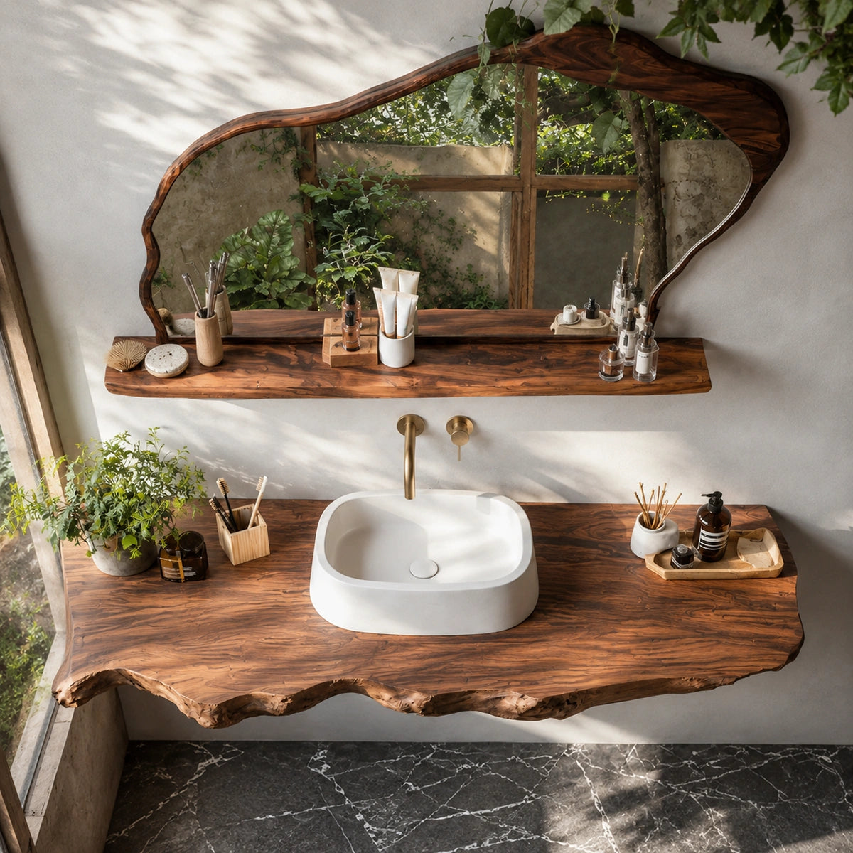 Natural Solid Wood Floating Bathroom Vanity with Sculptural Live Edge Slab