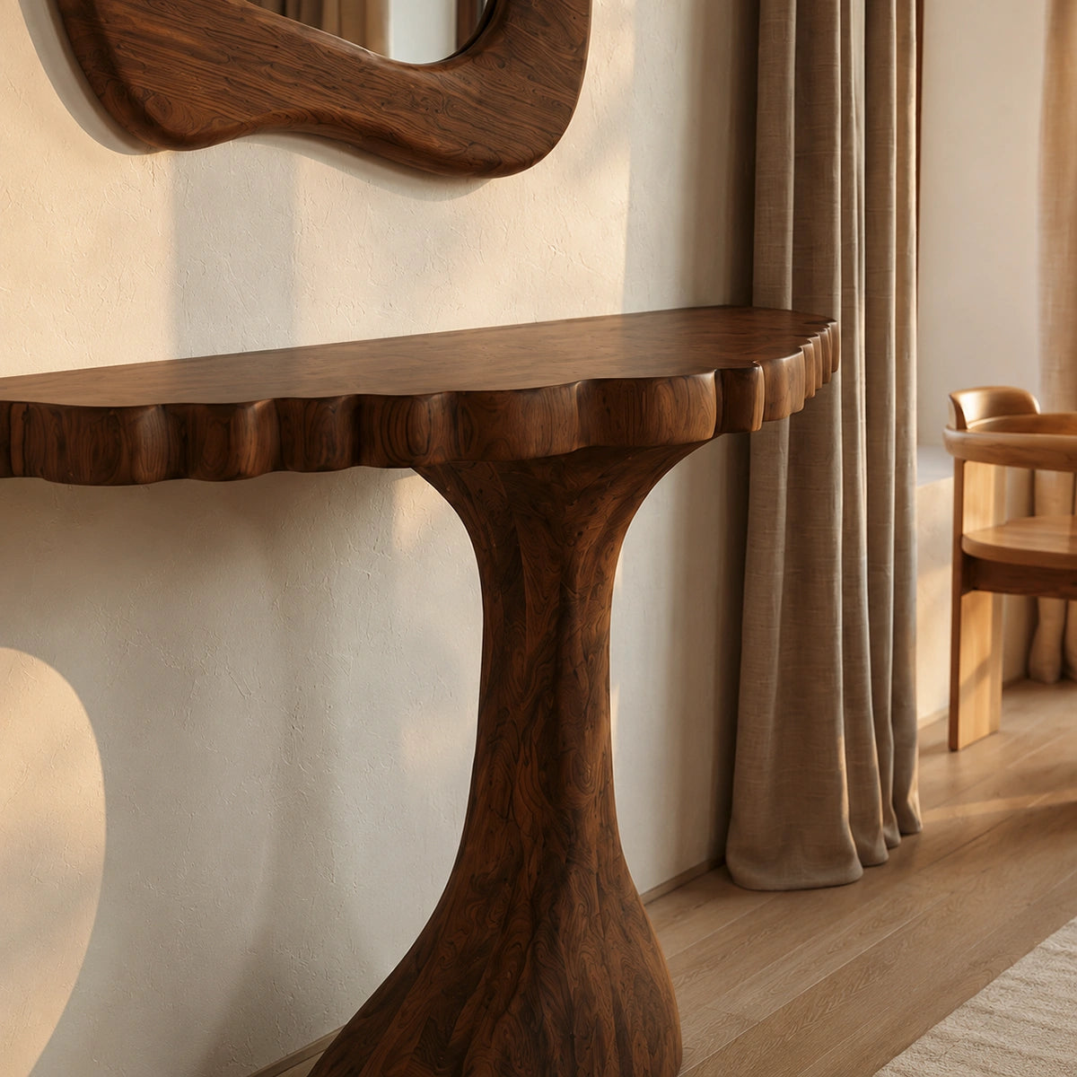 Pedestal Natural Solid Wood Console Table with Sculpted Edge