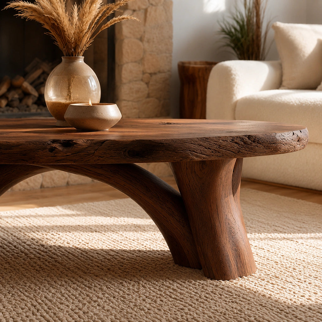 Natural Solid Wood Live Edge Coffee Table with Sculptural Branch Base