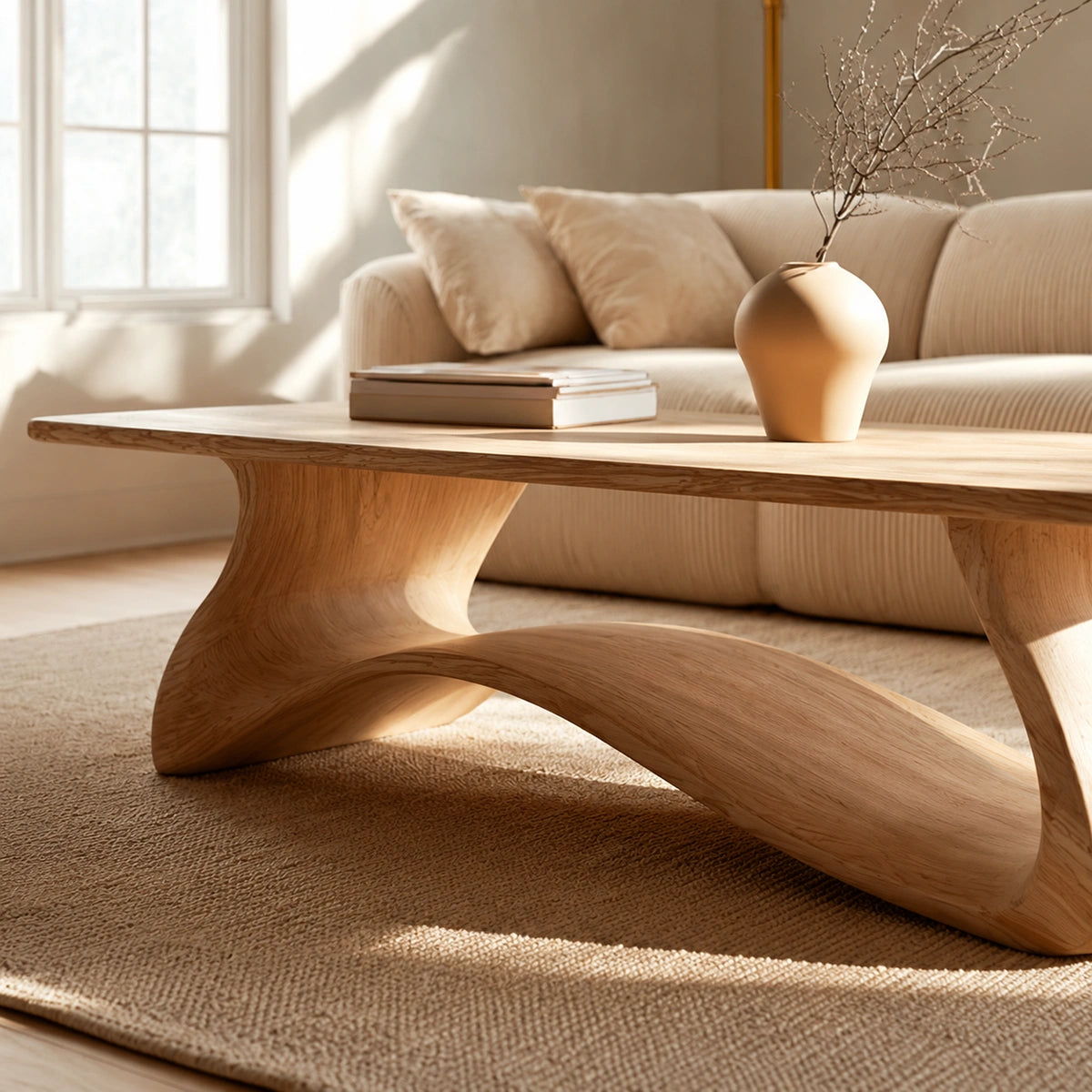 Natural Solid Wood Coffee Table – Sculptural Japandi Style