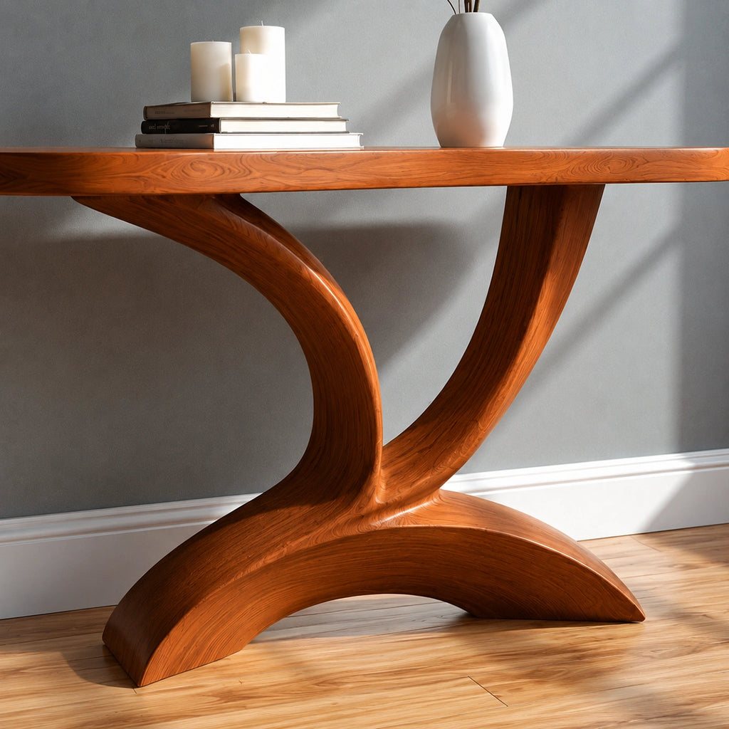 Sculptural Natural Solid Wood Console Table with Curved Pedestal Base