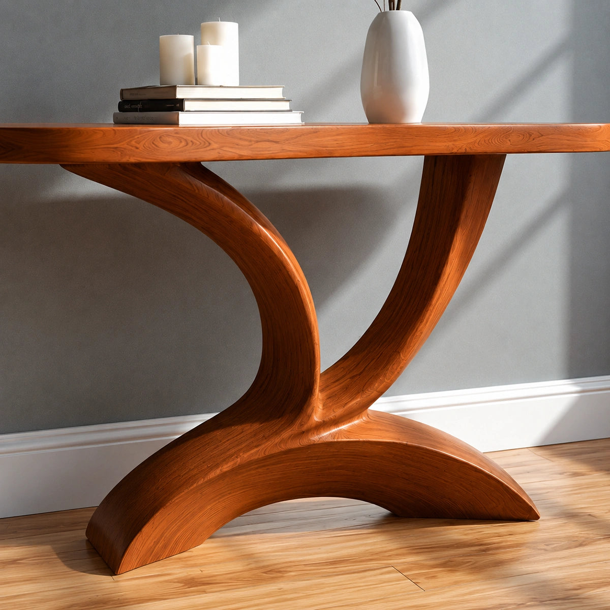 Sculptural Natural Solid Wood Console Table with Curved Pedestal Base