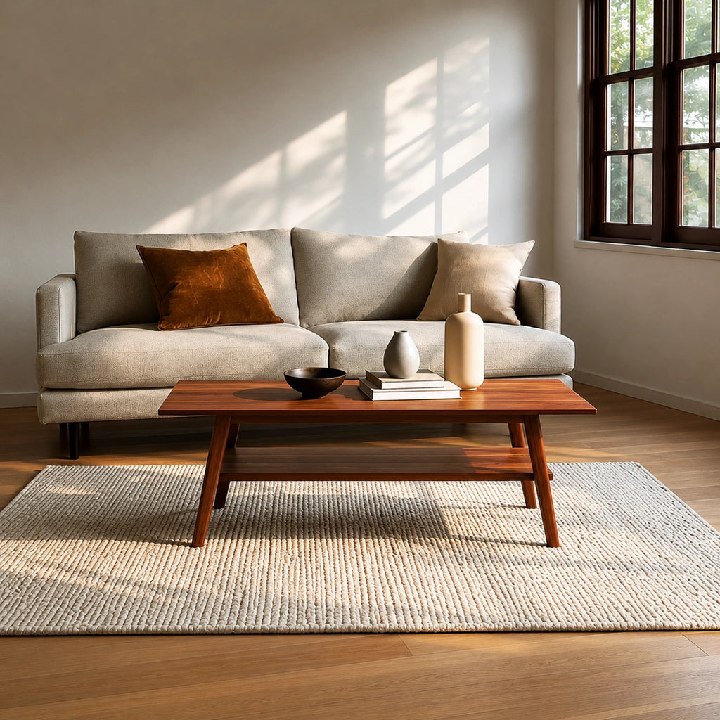 Natural Solid Wood Coffee Table with Lower Shelf and Tapered Legs