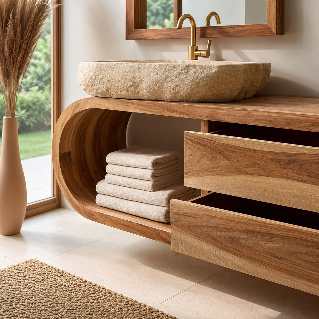 Natural Solid Wood Bathroom Cabinet with 4 Drawers – Wave Front Modern Style