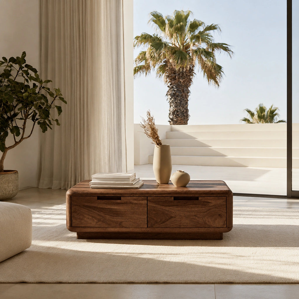 Natural Solid Wood Coffee Table – Rounded Modern Storage Style