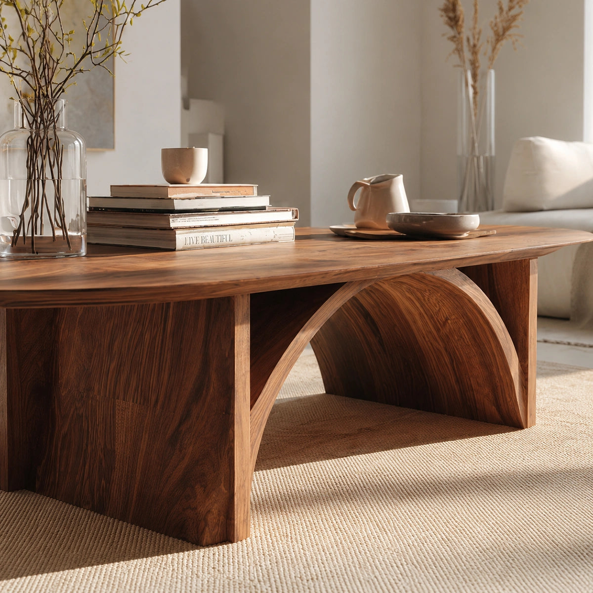 Natural Solid Wood Oval Coffee Table with Sculptural Arch Base